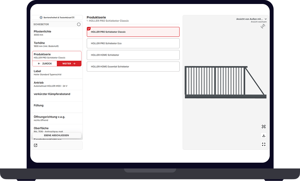 Beispiel des Torkonfigurators mit einem schwarzen Schiebetor