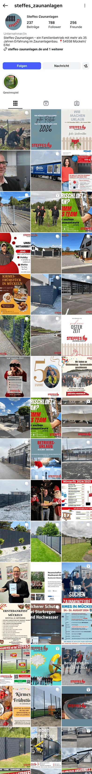Instagram Auftritt von Steffes Zaunanlagen