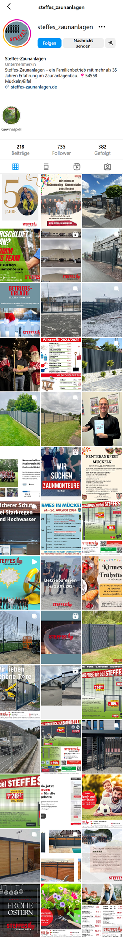 Instagram Auftritt von Steffes Zaunanlagen