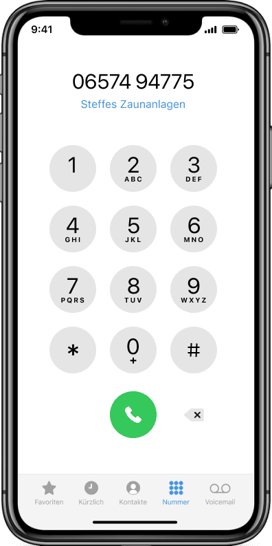 iPhone Bildschirm mit der Telefonnummer von Steffes Zaunanlagen